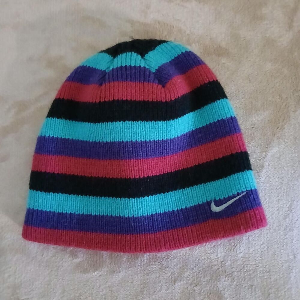 Y2K Vintage Nike Center Swoosh Striped Knit Beanie Hat Kids Size 4-6X Retro